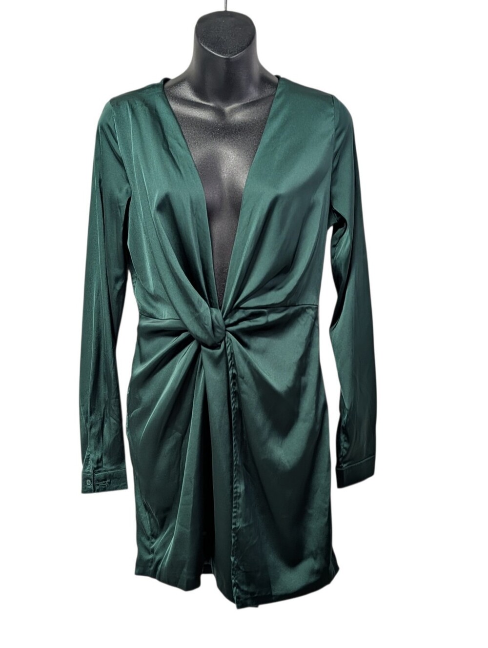Fashion Nova Sugar Free Dress Women's Green Satin Knot Front Mini V-Neck M NWT